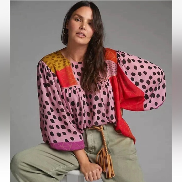 Z010. Anthropologie Miranda Peasant Blouse Bl-nk Boho Blank Spot Patchwork - Picture 2 of 4